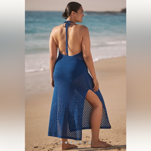 Anthropologie NWT Sz L stunning blue crocheted top-rated halter cover-up dress - Picture 10 of 16